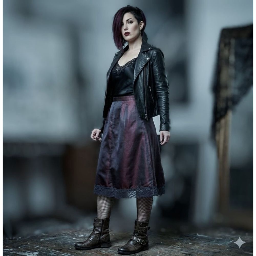 Vintage Satin A-Line Skirt with Lace Hem – Deep Plum Midi Skirt